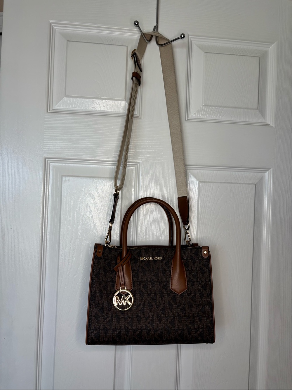 Michael Kors Brown MK Logo Satchel with Cream Strap and Gold Charm